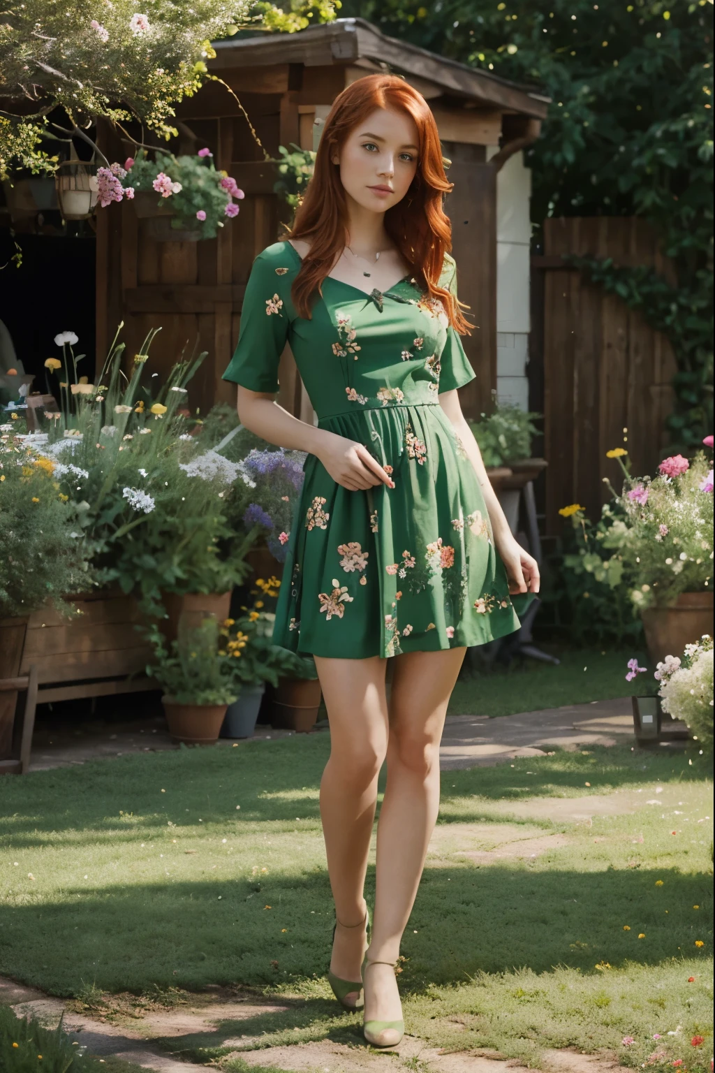 a pretty redhead girl, with a green dress with flower print, full body character design, acrylic painting, witch, garden background