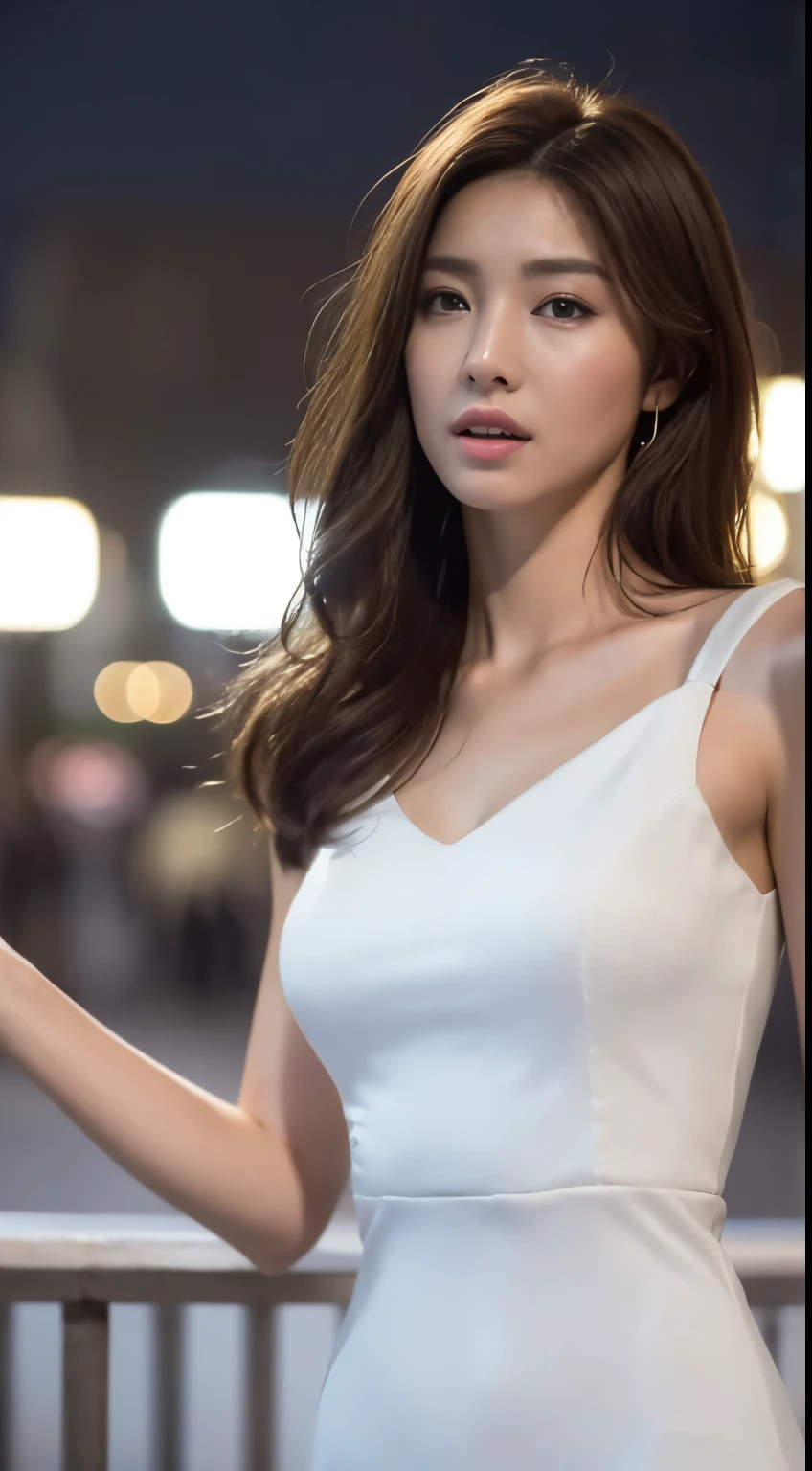 ((Realistic lighting, Best quality, 8K, Masterpiece: 1.3)), Focus: 1.2, 1girl, Perfect Figure: 1.4, Slim Abs: 1.1, ((Dark brown hair)), (White dress: 1.4), (Outdoor, Night: 1.1), City streets, Super fine face, Fine eyes, Double eyelids,