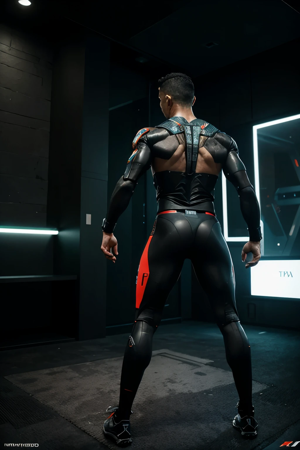 Generate an image of Cristiano Ronaldo Cyborg style, doing his traditional celebration, backwards, with his arms behind him, with his knees slightly bent, without looking back, robot body parts, cyberpunk futuristic robot style, no writing, Image of Full body 15mm lens, hyper realistic.