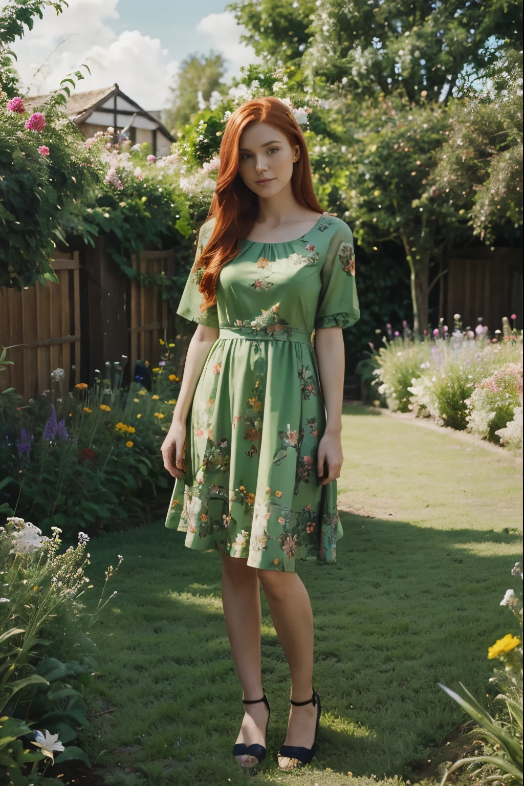a pretty redhead girl, with a green dress with flower print, full body character design, acrylic painting, witch, garden background