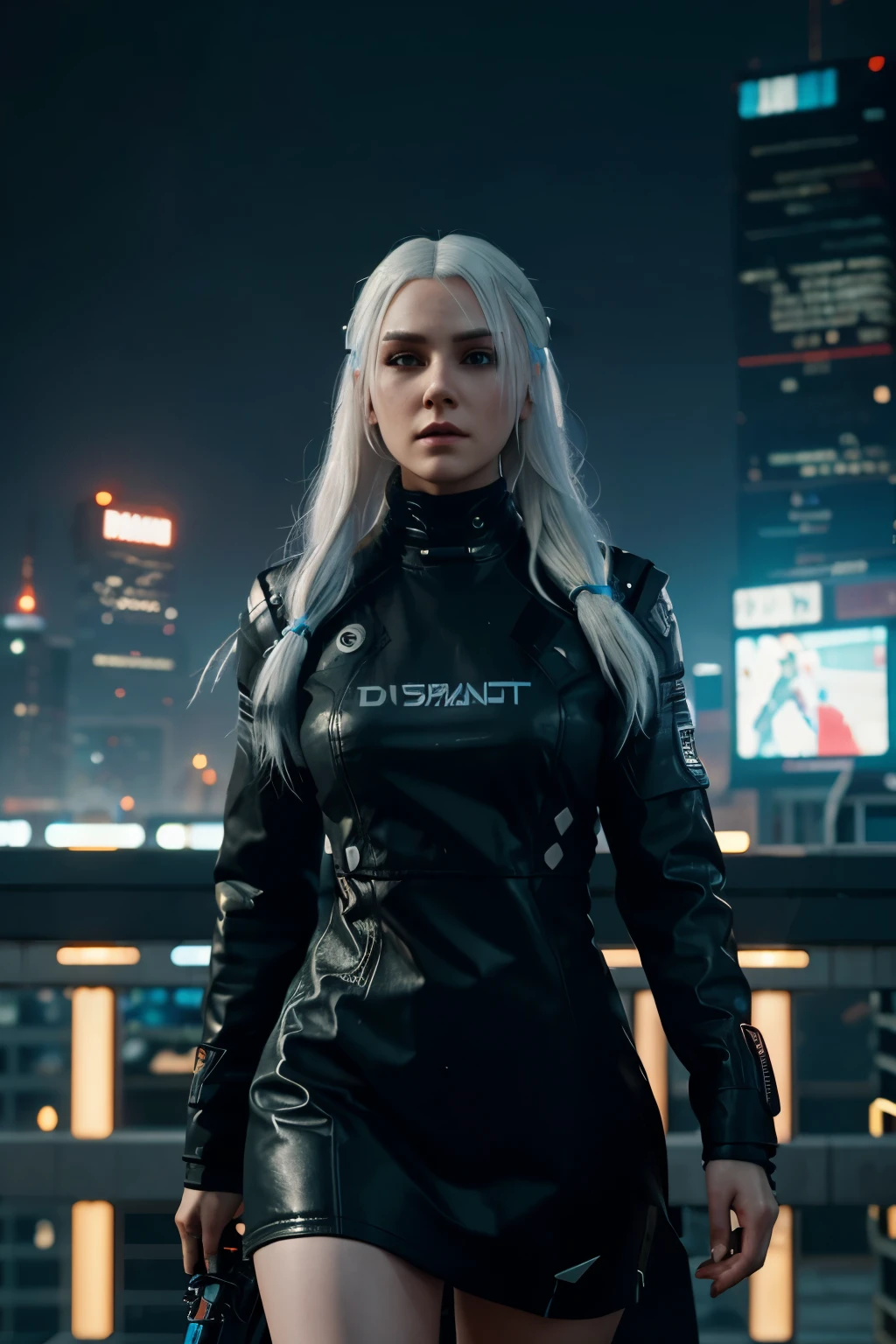 a woman, white hair, long hair, cyberpunk, futuristic city, ((masterpiece)), ((best quality)), cyberpunk style, detroit become human style.