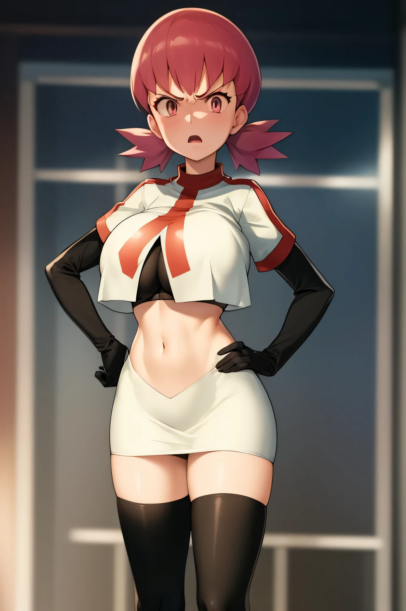 8k, anime screencap,1girl in, (Solo:1.2), (Perfect body:1.1), (Best Quality:1.1), , very large breast, hands on hip,team rocket uniform, red letter r, white skirt,white crop top,black thigh-high boots, black elbow gloves, glaring angrily, looking at viewer, hands on hips,zettai ryouiki,
