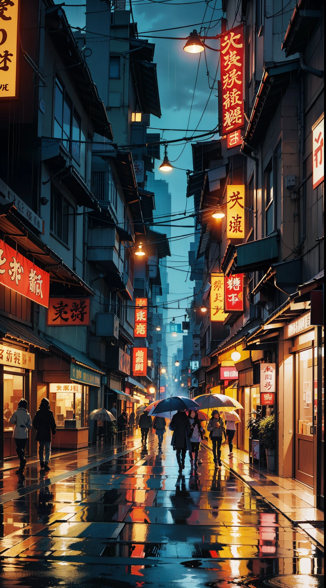 (best quality, 4k, 8k, highres, masterpiece:1.2), ultra-detailed, (anime: 1.2), painting of a city street at night with people walking in the rain, inspired by Liam Wong, china town blade runner, james gurney painting style, cinematic. by leng jun, rainy cyberpunk city, andreas rocha style, by Liam Wong, rainy night city street, city at night in the rain, rainy city at night, 4k highly detailed digital art, masterpiece, cinematic angle, dynamic framing, 1990's vintage looking cel-shaded anime, by Rumiko Takahashi