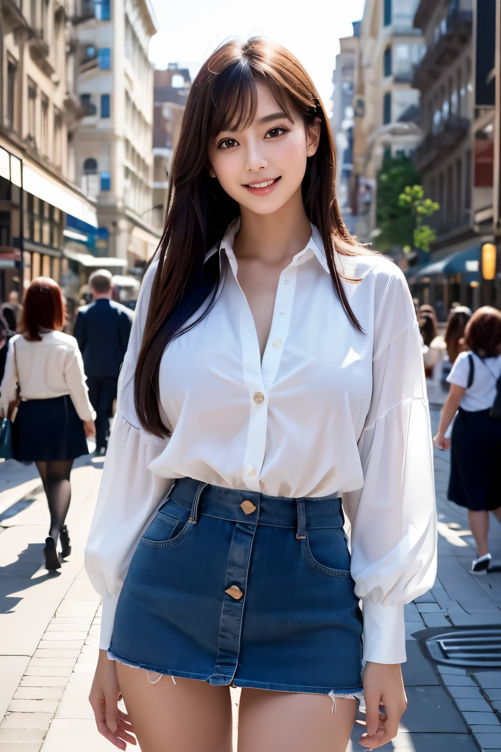 top-quality, ​masterpiece, 8K, 超A high resolution, (Photorealsitic:1.4), 1girl in、Beautiful expression、symmetrical eye、Colossal 、Perfect body proportion、OL Costume、Unbutton the chest、a miniskirt、A smile、Look at viewers、(the city street:1.2)、long legged(1.3)、