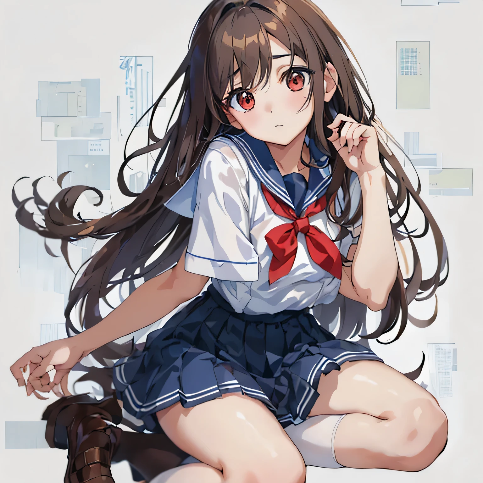 masterpiece, highest quality,figure,sailor suit,slanted eyes,straight hair,brown hair,look away,side parted,super dense skin,calf white socks