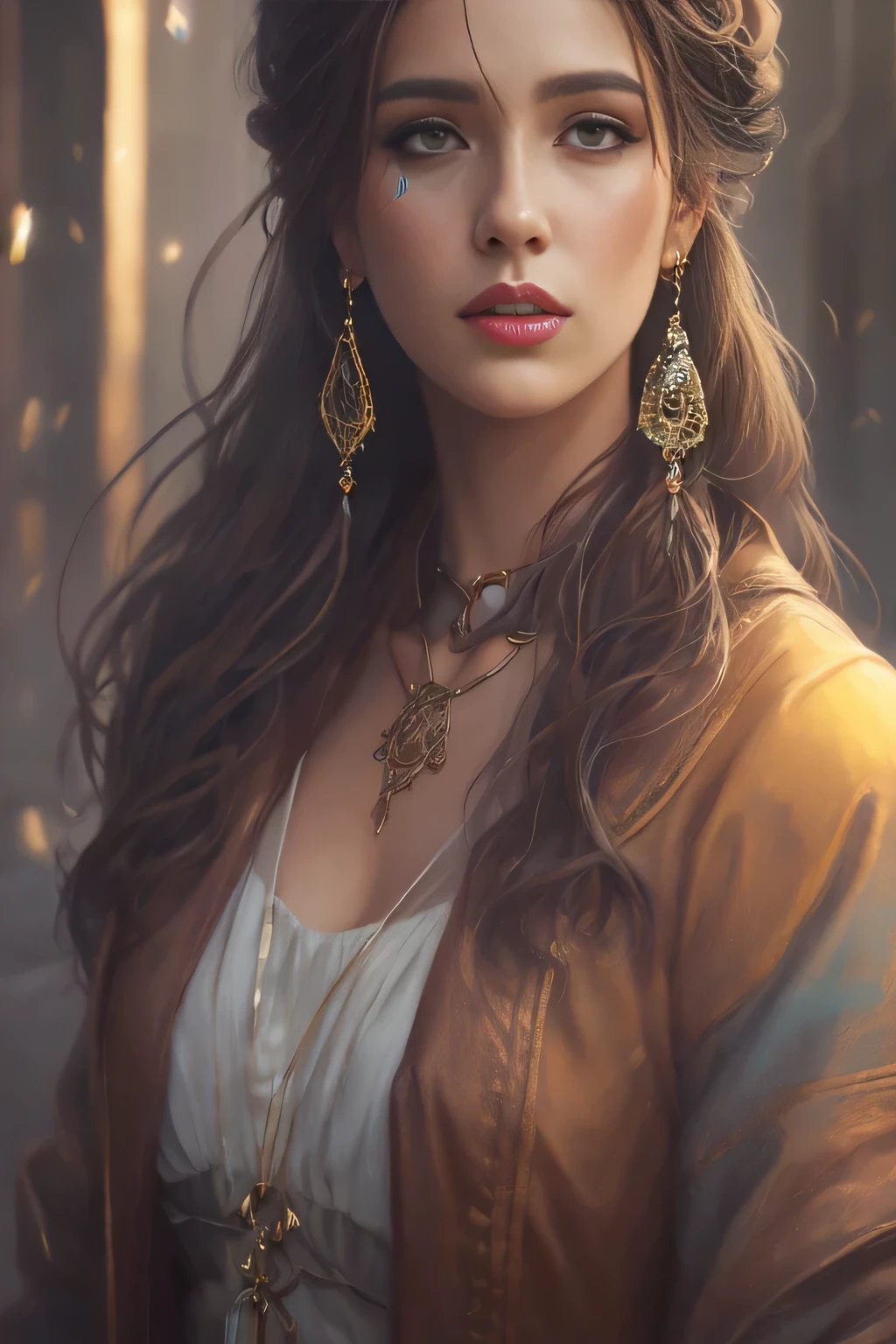 a close up of a woman with long hair wearing a brown jacket, fantasy concept art portrait, beautiful character painting, fantasy character portrait, stunning character art, epic fantasy art portrait, fantasy art portrait, beautiful fantasy art portrait, detailed beauty portrait, beautiful fantasy portrait, fantasy genre portrait, inspired by Magali Villeneuve, detailed character portrait, beautiful maiden, detailed matte fantasy portrait