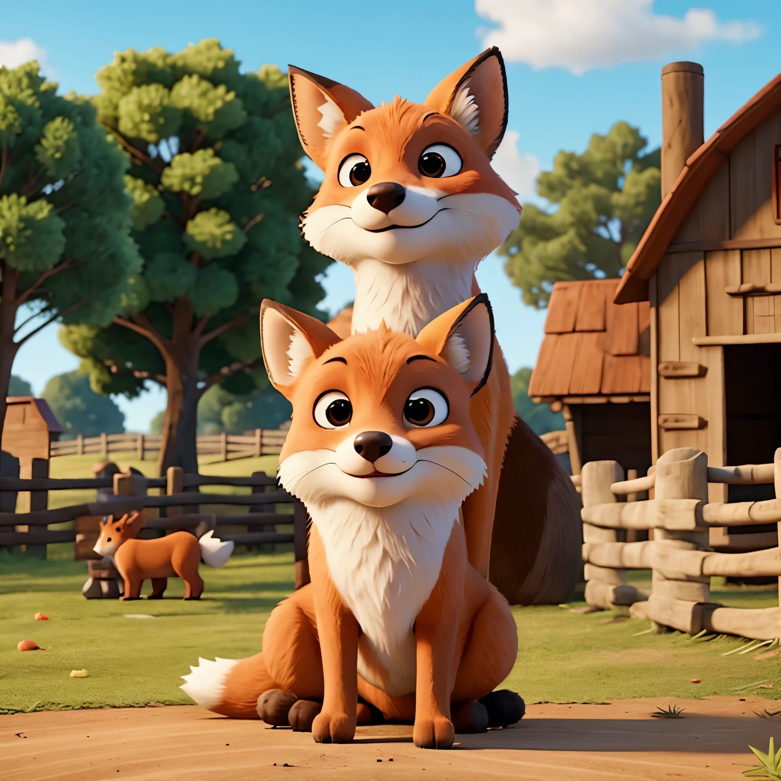 Stupid fox between farm animals