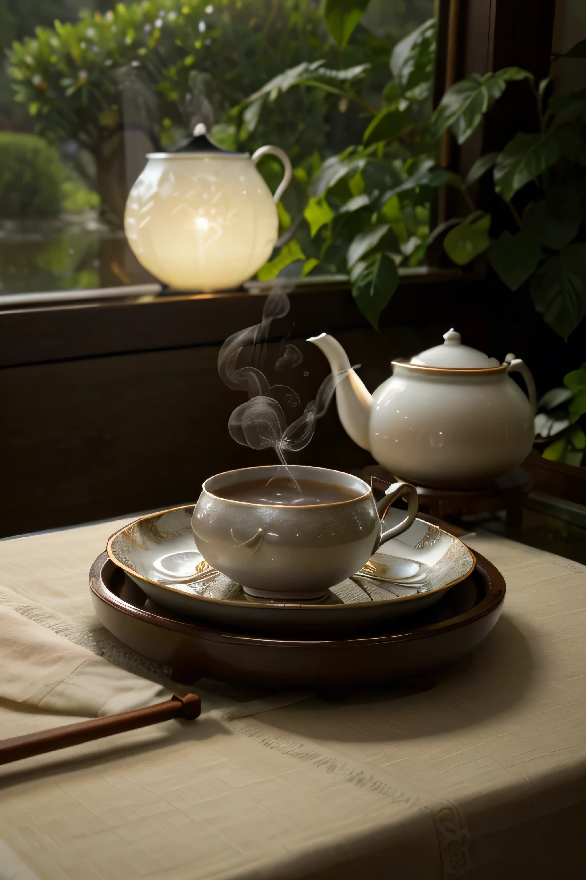 a cup of hot tea,steam rising from the surface,transparent glass,curling steam,fragrant aroma,comforting warmth,delayed tannins,herbal infusion,rich color palette,subtle hues,soft and diffused lighting,gentle and soothing atmosphere,vintage teacup,old-fashioned teapot,delicate porcelain,floral patterns and designs,vintage lace tablecloth,peaceful and serene surroundings,dainty tea cup and saucer,antique silver teaspoon,relaxing and calm ambiance,quiet and tranquil setting,steaming kettle on stove,Gongfu tea ceremony,respectful and mindful gesture,meditative state,ritual and tradition,curls of steam gracefully rising,slow and deliberate pouring of water,delicate and precise movements,beautifully arranged tea leaves,elegant and refined presentation,artistic tea tray and utensils,graceful tea ceremony performer,decorative tea garden,serene nature,peaceful river flowing by,harmony between man and nature,gentle breeze rustling leaves,Japanese garden aesthetic,natural and organic elements,zen-like simplicity,illuminated by soft moonlight,
(best quality,highres),ultra-detailed,(realistic:1.37),bokeh