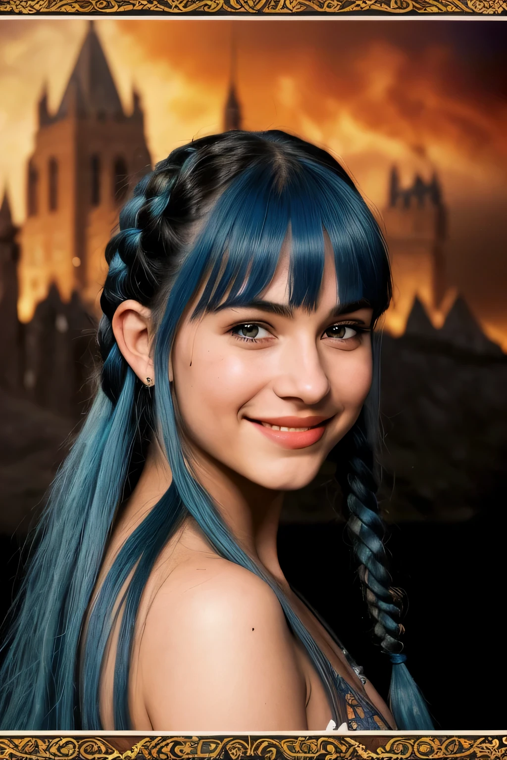 Lots of definition, Super focus, Cinematic half-length portrait of a young alternative woman with blue hair in braids, Gran culo, pechos grandes, pechos medianos, sonrisa sexy, luz principal, iluminar desde el fondo, natural lighting, Photo 400 Grain ISO 30mm f1 Lens Film.8 apertura RAW, Fine Art Photographer, Lord of the Rings movie poster.., Large and intricate printing, gargantilla, tatuajes