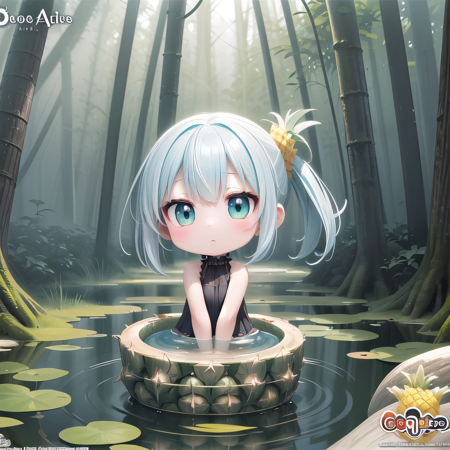 ((Chibi, Pineapple, Official Art, 3DCG, 1 girl: 1.5)), (Red cheeks, indifferent, expressionless, hair fluttering in the wind, almond-shaped eyes, glossy white-blue hair,chignon hair, Carefully drawn fingertips: 1.5), (Masterpiece, highest quality, beautiful anatomy: 1.3), (Minimum body, whole body, upward gaze: 1.5), (pineapple Delivery, swamp in the forest: 1.4)