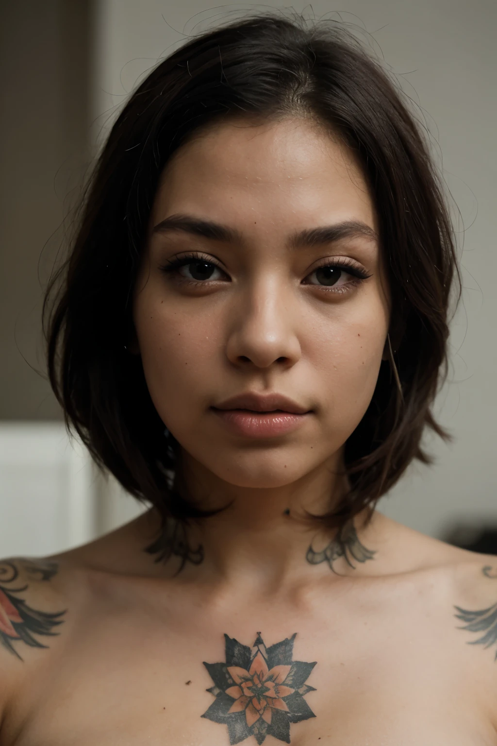 androgynous, black hair, tattoos, lip piercings, nose piercing, eyebrow piercing, green eyes, tan skin