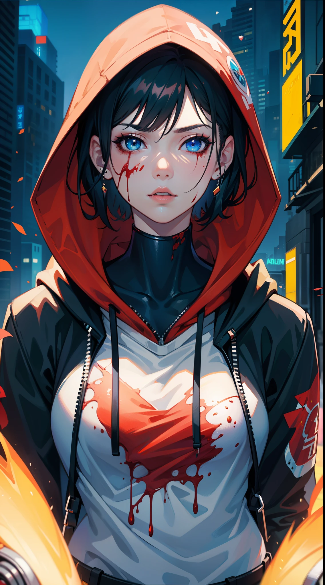 (best quality, 4k, 8k, highres, masterpiece:1.2), ultra-detailed, (anime: 1.2), anime - style image of a woman with blood splattered on her face, black haired girl wearing hoodie, artwork in the style of guweiz, guweiz on artstation pixiv, guweiz on pixiv artstation, alena aenami and artgerm, cyberpunk anime girl in hoodie, guweiz, guillem h. pongiluppi