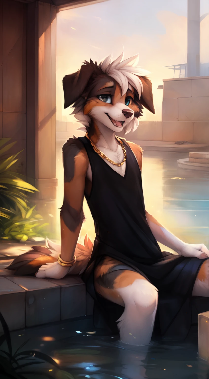 by kenket, by Zackary911, by hyattlen, by teranen, by fumiko, by Pixelsketcher, by Bayard Wu, by Einshelm, by Kilinah, by Hioshiru, by fluff-kevlar, by Dimwitdog, solo, Furry, Anthro, ((Australian Shepard)), ((teen)), ((male)), ((slender)), full body, playful, laughing, short white hair, ((teen)), greek bath house, cinematic lighting, ((fluffy tail)), ((gold chain panty line, see-through dress, sitting in water, legs open, legs apart, legs spread)), ear piercing, fluffy pubic hair
