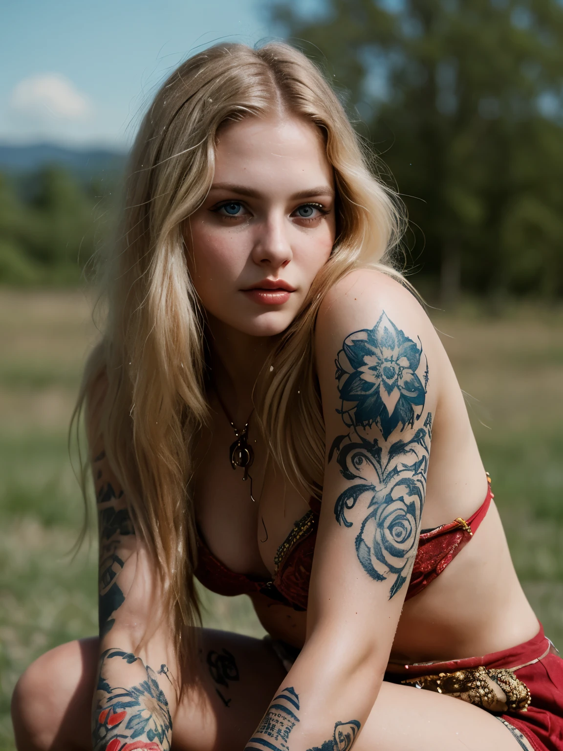 (Realistic:1.2), Photorealistic, analog photostyle, depth of field, film grain, cute sexy full-body woman with a rude appearance, long messy blond hair, in bohemian style clothing, eyes blue, tattoos in arms,