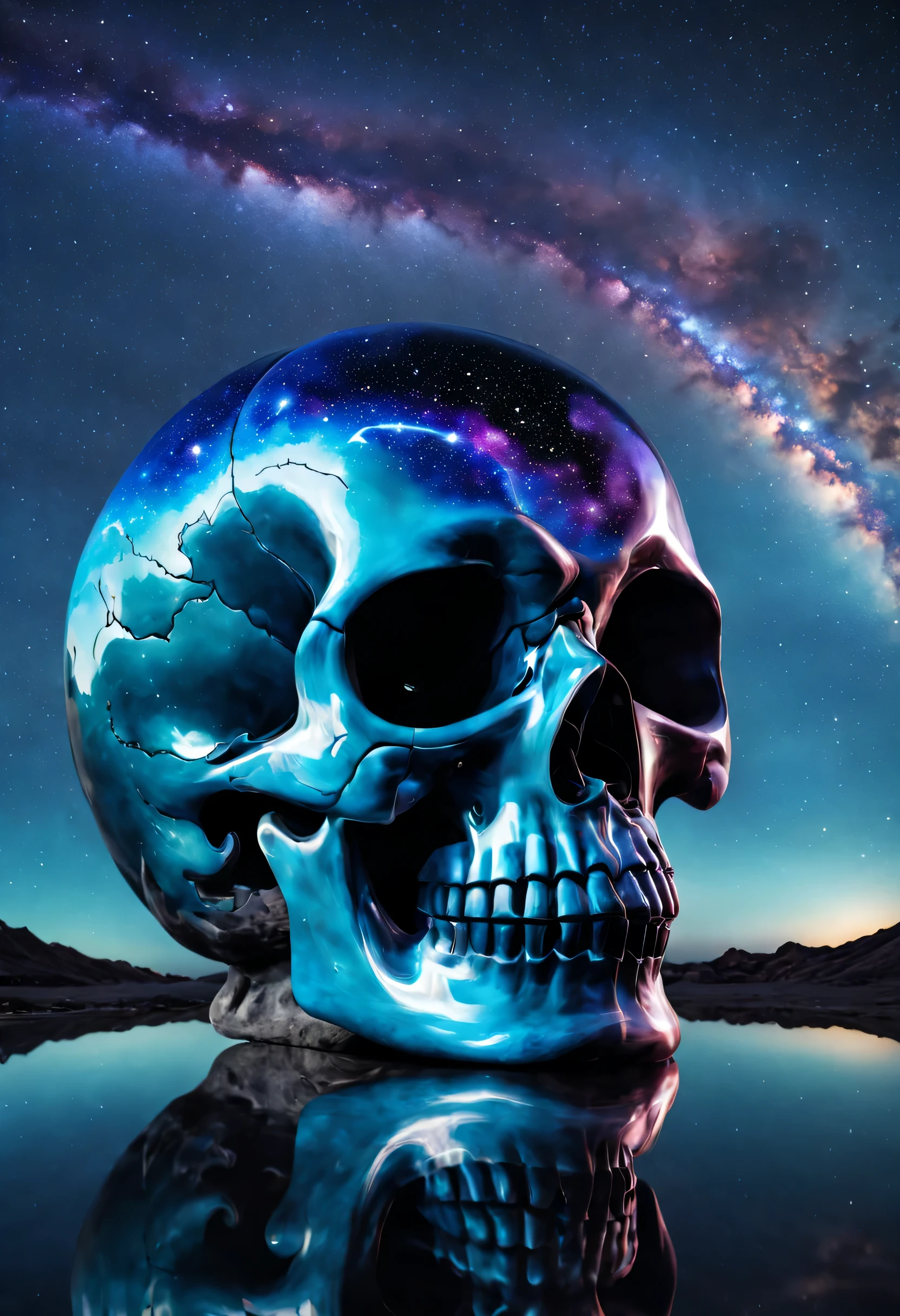 A magnificent glass skull with multiple hues of colors and the reflection of the Milky Way, It's fascinating