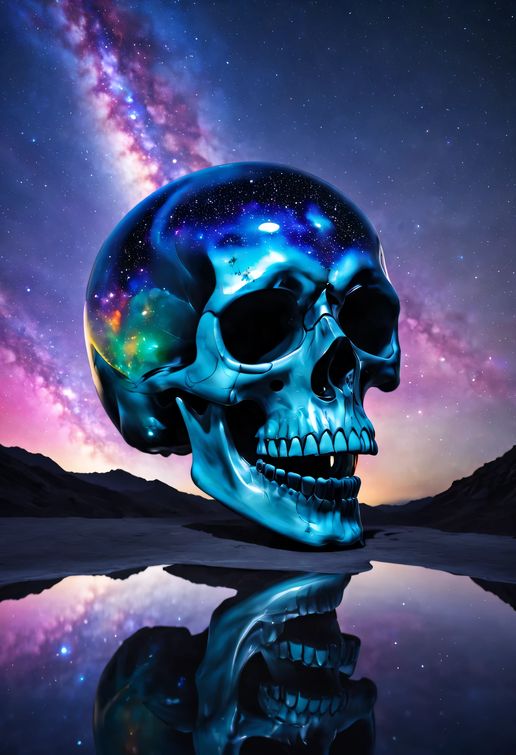 A magnificent glass skull with multiple hues of colors and the reflection of the Milky Way, It's fascinating