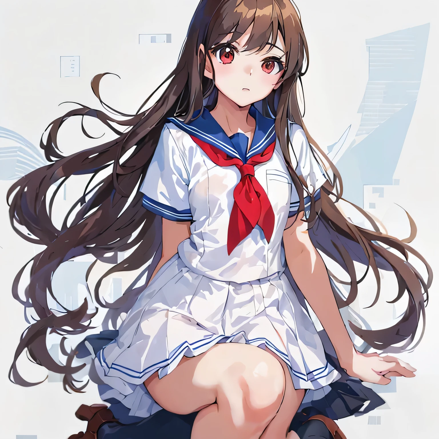 masterpiece, highest quality,figure,sailor suit,slanted eyes,straight hair,brown hair,look away,side parted,super dense skin,calf white socks