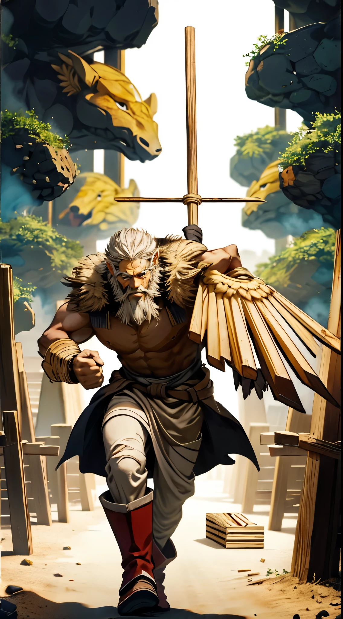 Noah, biblical character, carrying wood to build the ark