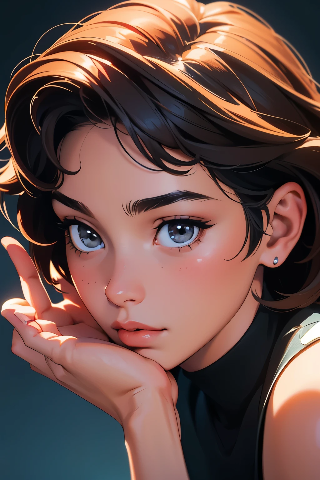((masterpiece)),((bestquality)),8k,high detailed,ultra-detailed,depth of field,wide angle,extremely detailed CG unity 8k wallpaper,realistic,hand by Guido Daniele,1girl,female focus,solo,beautiful face,portrait,([Glare-free lighting|Hard lighting|volumetric lighting|Motif lighting]),Looking Away,extreme close-up view,Textured Menâs Haircut,