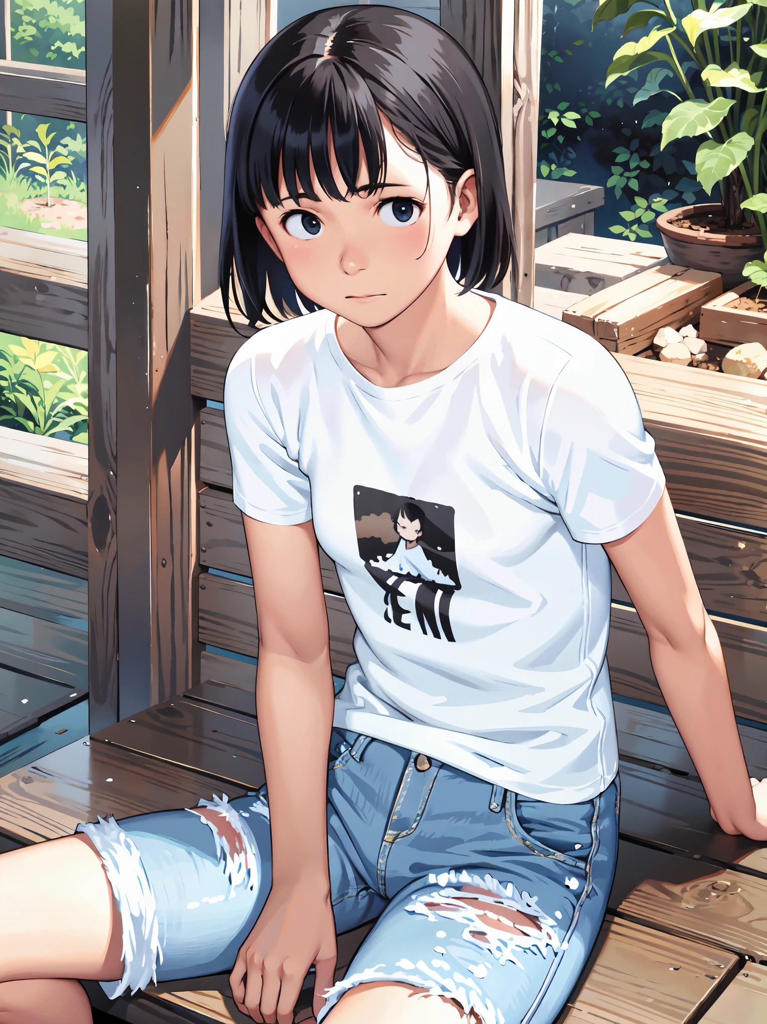 nsfw、white t-shirt、short denim hot pants、Sit down scratching Hu、