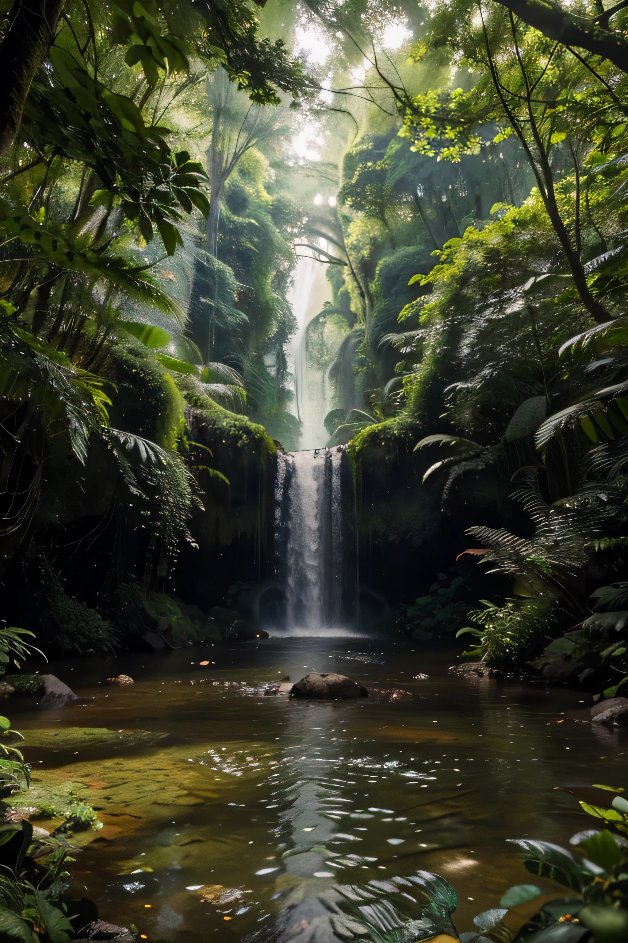 best quality,4k,8k,highres,masterpiece:1.2),ultra-detailed,(realistic,photorealistic:1.37),dense foliage,canopy,abundant wildlife,moist atmosphere,sunlight peeking through the trees,peaceful and serene,saturated colors,lush greenery,towering trees,cool mist,diverse plant species,exotic bird species,flowing streams,humidity,flourishing ecosystem,hidden waterfalls,thick undergrowth,mysterious shadows,vibrant foliage,tranquil ambiance,majestic tree trunks,refreshing drizzles,heterogeneous vegetation,evergreen plants,teeming with life,lively sounds of nature,raindrop reflections,thick vines and creepers,ethereal beauty,dappled sunlight,calm and inviting,secret pathways,unexplored territories,harmony between flora and fauna,undisturbed wilderness