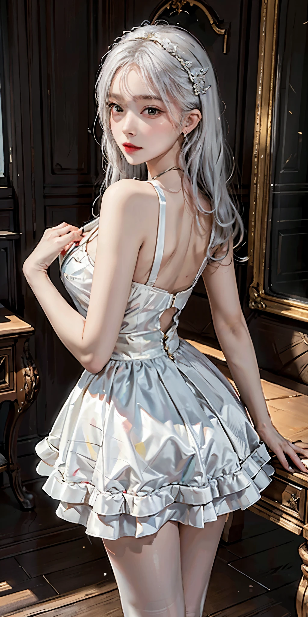 photorealistic, high resolution, soft light,1women, solo, hips up, shining skin, (detailed face), tutu dress, ballet dance, white hair