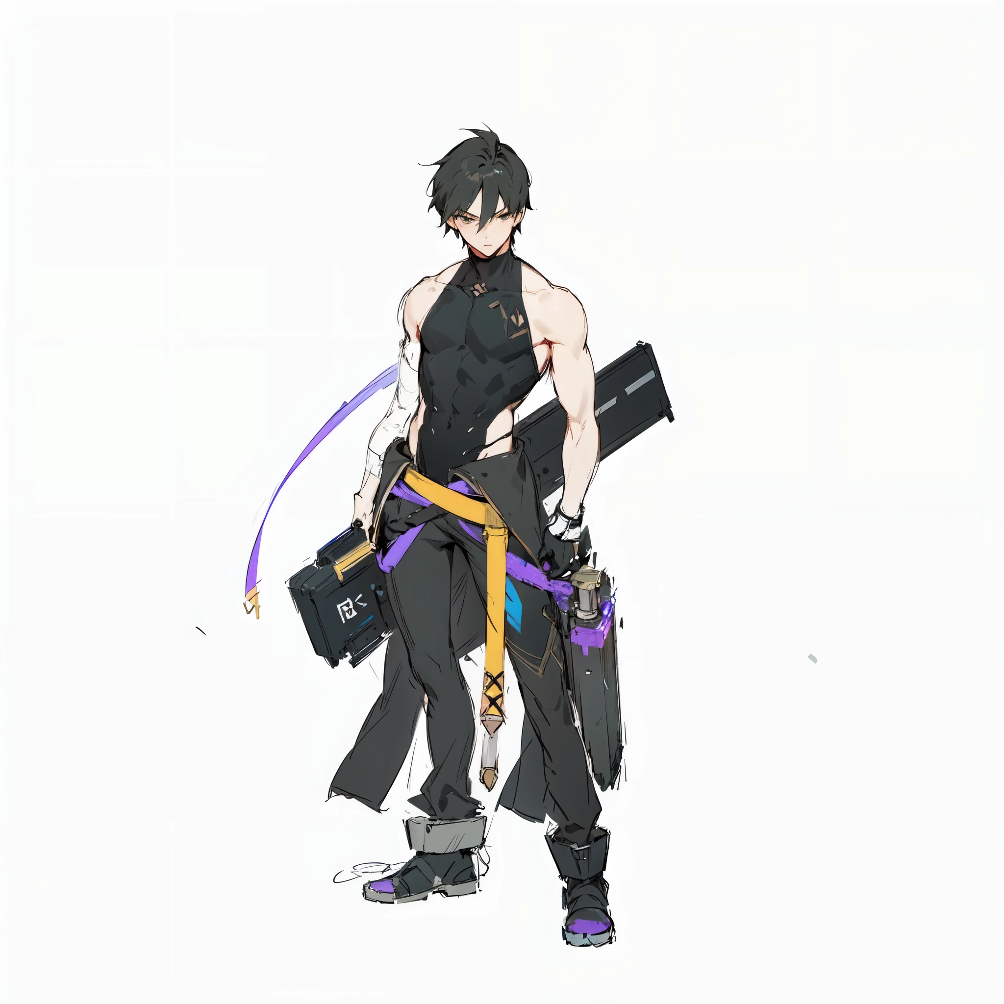 (((anime boy with short black hair and a sword))), ((black sci-fi sword)), black outfit, gravity rush inspired, kantai collection style, inspired by Akihiko Yoshida, gravity rush, from girls frontline, girls frontline style, edelgard from fire emblem, blonde anime girl with long hair, botw style, cyborg merchant girl, akihiko yoshida!, no more heroes concept art, in suitcase