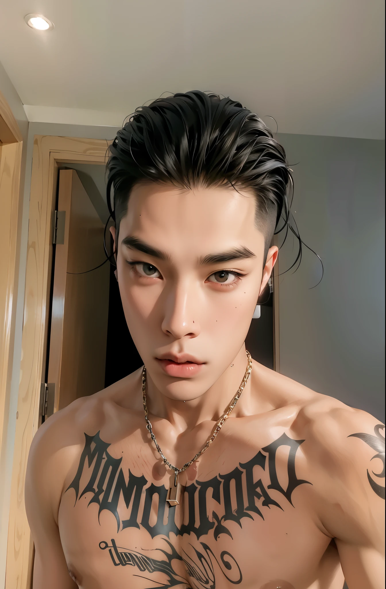 fit man with a tattoo on his chest and a chain around his neck, cute japanese demon boy, cai xukun, taejune kim, taken at the beginning of 2020, Hong junho hyung, hyung tae, homem sul-coreano, com tatuagem facial, Yanjun Chengt, com o mesmo penteado, Jinyoung Shin, inspirado em Zhu Da, asian features