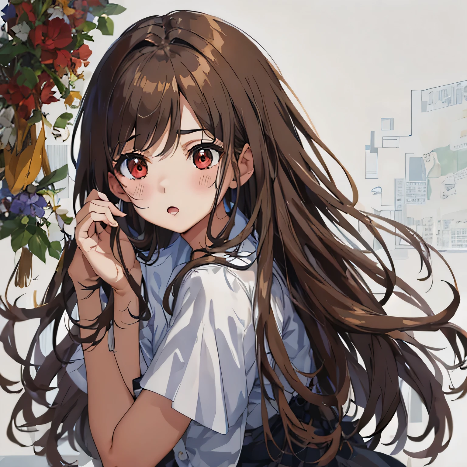 masterpiece, highest quality,figure,slanted eyes,straight hair,brown hair,look away,side parted,super dense skin