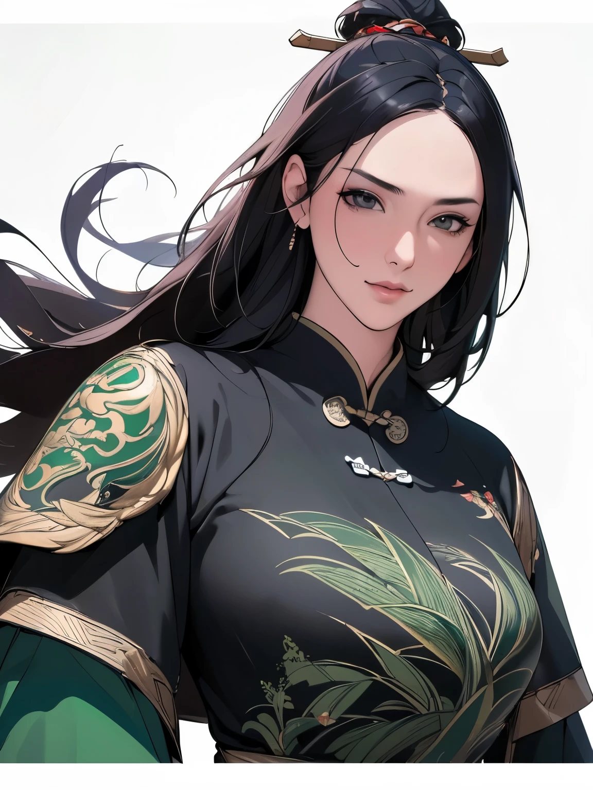 (best quality,4k,highres,masterpiece:1.2),ultra-detailed,(realistic:1.37),heroine,handsome,flying ink,Chinese armor,upper body,black hair,flowing hair,detailed eyes,black and green antique mask Chinese dress,field of view,(f1.8),(portrait shot),front shot,white background,(movie poster),weapon