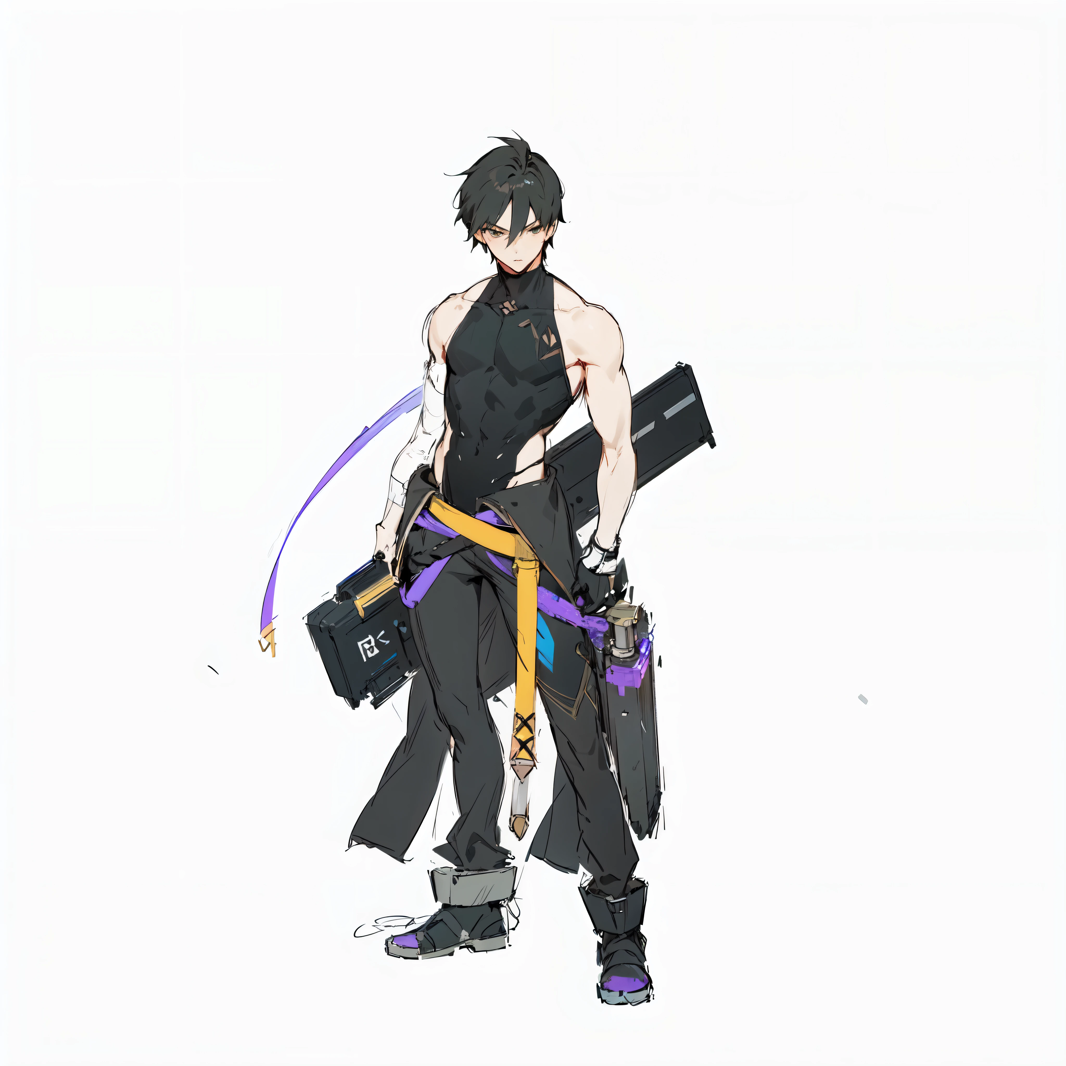(((anime boy with short black hair and a sword))), ((black sci-fi sword)), black outfit, gravity rush inspired, kantai collection style, inspired by Akihiko Yoshida, gravity rush, from girls frontline, girls frontline style, edelgard from fire emblem, blonde anime girl with long hair, botw style, cyborg merchant girl, akihiko yoshida!, no more heroes concept art, in suitcase