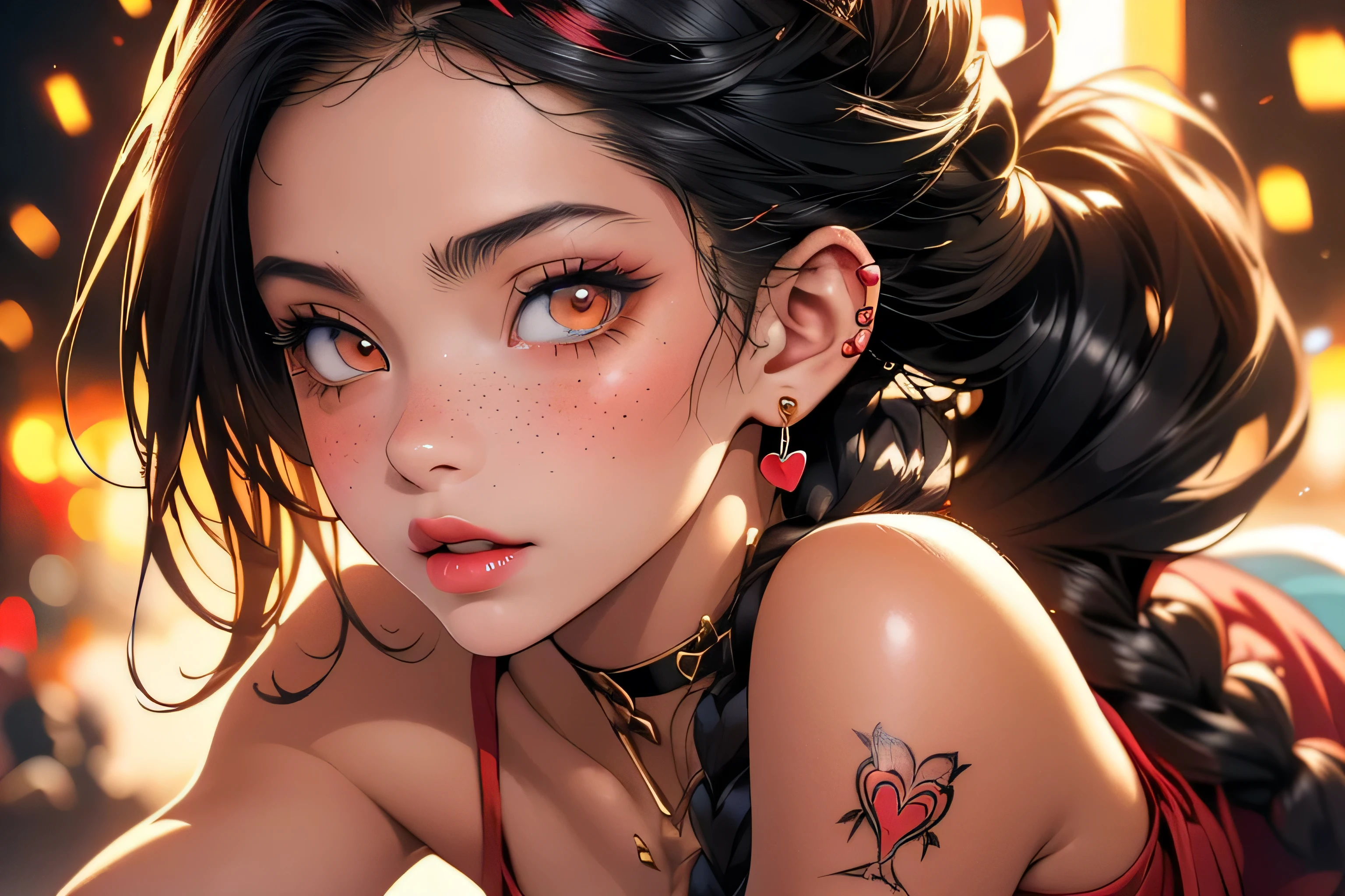 (best quality, 8k, 32k, masterpiece, UHD:1.2), highres, sharp focus, detailed outfit, absurdres, key visual,++++, beautiful detailed hair, delicate details, *****, (((, RAW, pixiv)))
beautiful woman, tanned skin, tan lines, extremely long black hair, braided hair, detailed hair, bang over eye, sparkling green eyes, eyelashes, blushing, freckles, glossy red lips, small breasts, seductive look, various seductive poses, heart shaped tattoos, looking at viewer ornate crop top, upper body shot, heart shaped splatter, heart shaped drops, soft lighting, ((realistic anime))