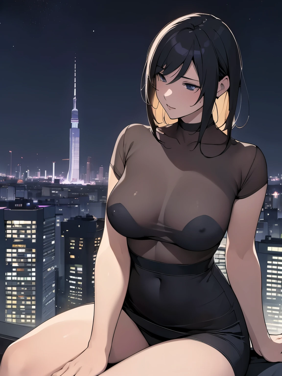 "(best quality, highres, professional), girl sitting at the edge of a skyscraper, wearing a black top, Studio Ghibli, cityscape, detailed illustration, official artwork, Kawasii-style, elegant movement, nocturne, serene, HD wallpaper"