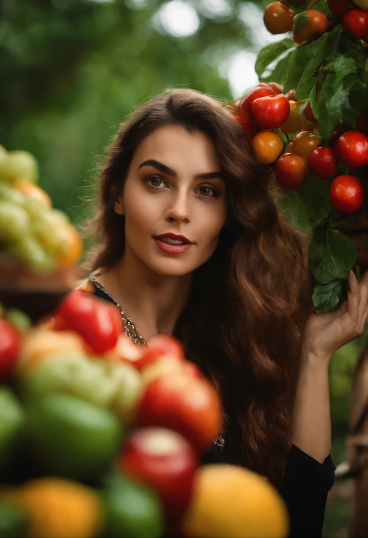 uma jovem mulher segurando frutas, no estilo de vermelho claro e esmeralda clara, imagens bem-humoradas, Wimmelbilder, fechar-se,no hands,tronco
