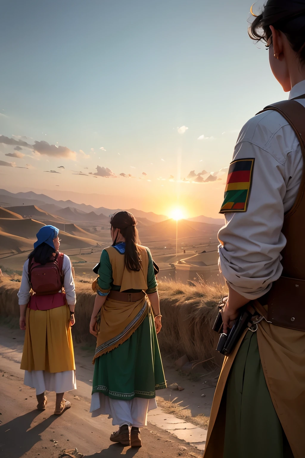 Picture of Liberated Kurdistan: A vibrant and breathtaking scene unfolds before us, as the sun sets over the rolling hills of a newly freed Kurdistan. The earthy tones of the landscape are contrasted by the resilient spirit of the Kurdish people, adorned in their traditional clothing with colors as diverse as the terrain. Children play freely, their laughter echoing through the air, whilst adults work together to build a brighter future for their community. Amidst the bustling activity, a group of armed freedom fighters stand guard, their determination evident in their every move. The sense of unity and liberation is palpable, with the rich culture and history of Kurdistan on