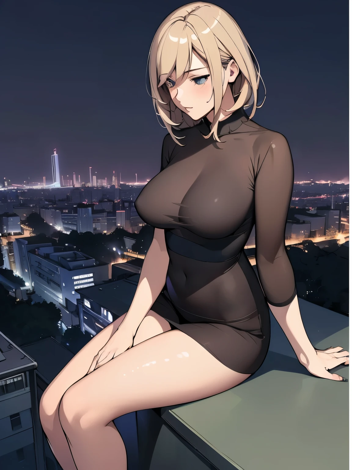 "(best quality, highres, professional), girl sitting at the edge of a skyscraper, wearing a black top, Studio Ghibli, cityscape, detailed illustration, official artwork, Kawasii-style, elegant movement, nocturne, serene, HD wallpaper"