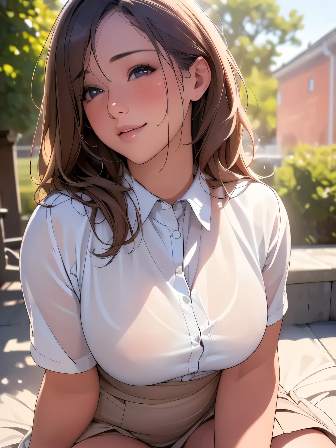 (best quality,4k,8k,highres,masterpiece:1.2),ultra-detailed,(realistic,photorealistic,photo-realistic:1.37),A girl,school uniform,blushing,light smile,sitting,outdoors,beautiful detailed eyes,beautiful detailed lips,extremely detailed eyes and face,long eyelashes,soft morning light,vibrant colors,delicate textures,subtle shadows