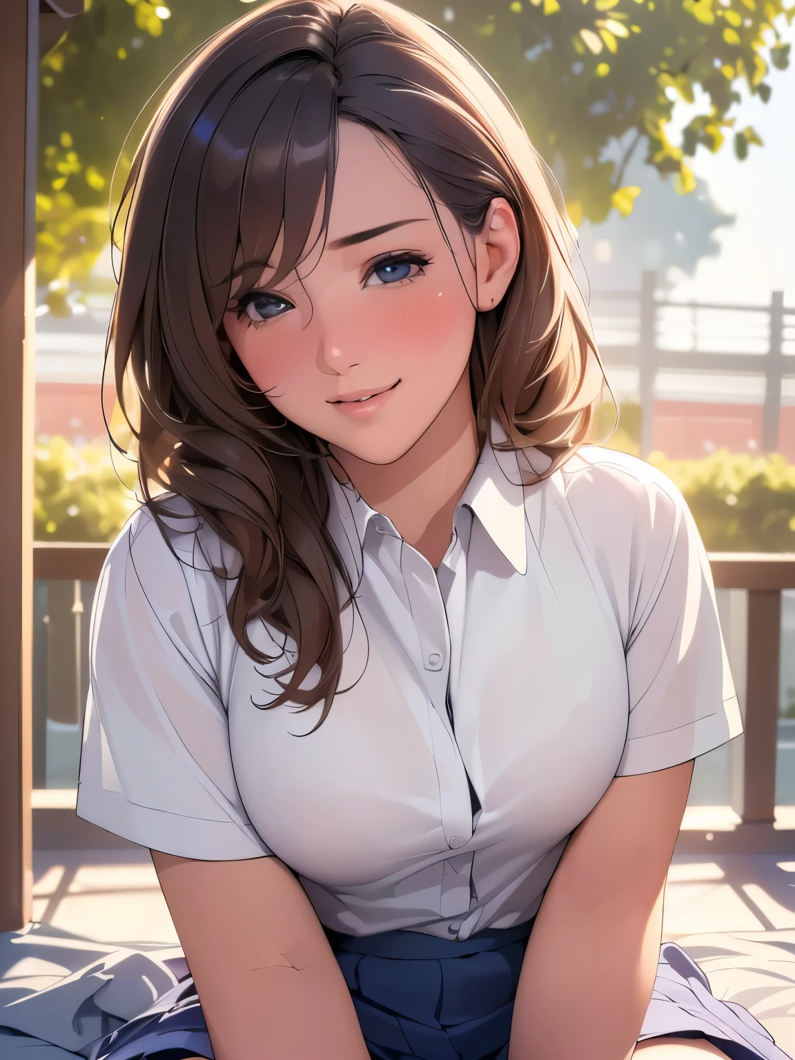 (best quality,4k,8k,highres,masterpiece:1.2),ultra-detailed,(realistic,photorealistic,photo-realistic:1.37),A girl,school uniform,blushing,light smile,sitting,outdoors,beautiful detailed eyes,beautiful detailed lips,extremely detailed eyes and face,long eyelashes,soft morning light,vibrant colors,delicate textures,subtle shadows