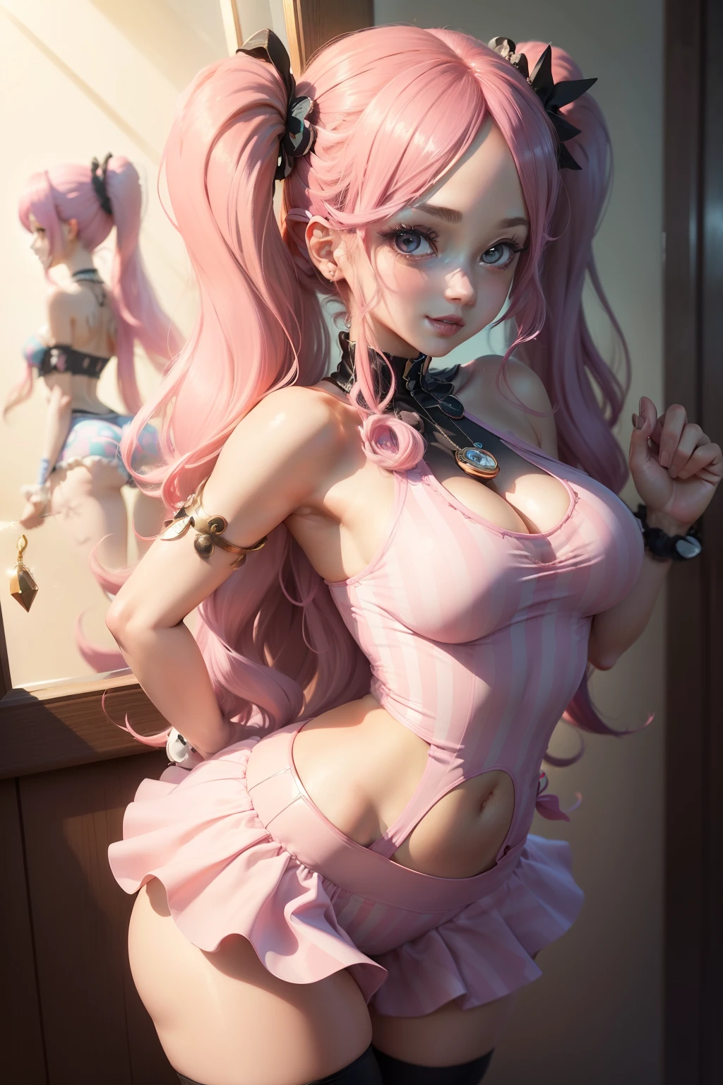 ((highest quality, 8K, masterpiece:1.3)), detailed eye, (View from the front), ((Everything is sparkling、reflected light:1.2)), (Best Ratio: 4 fingers, 1 thumb), Highly detailed face and skin texture, ((perfect proportions, beautiful body, show your whole body:1.5)),Highly detailed CG Unity 8K wallpaper, highest quality, super detailed, masterpiece, realistic, photo realistic, blush, parted lips , Half body, (perona one piece), pink long hair, blushing, ((contrasting)),( cute face), goth costume, twin tails, Striped Leggings, skirt, smile, buckshot , Suggestive butt shot