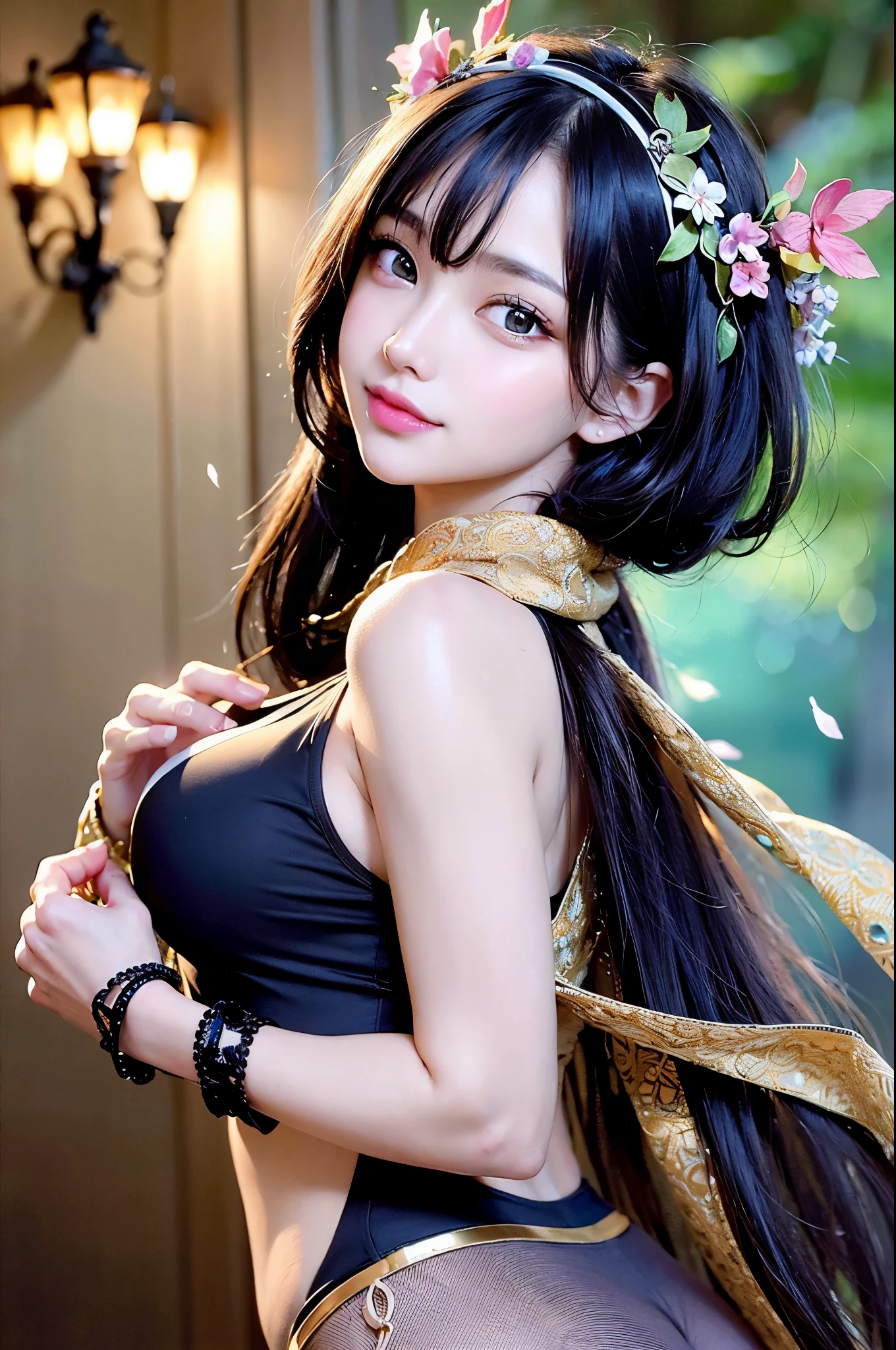 (Slim shoulder strap only, super low cut top)( very close view ) Front view , I can see through my clothes (((outdoor paradise)))(cover one&#39;s chest with one&#39;s hands ,topless)，head flower decoration, petals fly in the sky ，Pouting a little，Back exposed bare buttocks，The pervert is exposed，naked woman，raise your butt，separate hands and feet，camel toe,(crystal colorful lights),(Turkish Moroccan color mosaic chandelier)，Adult Princess Tiara，soft clouds，((|cover with a scarf))
（（masterpiece））,（Realistic：1.2）,best quality,expensive、expensive品質,absurd,rich and colorful,amazing art,best quality, super detailed,beautiful details， reflex hair,good lighting, ray tracing， Depth of bounds written,super detailed,enlightenment,amazing,small details,very detailed， （（super detailed））， （beautiful meticulous girl）， Beautiful detail shine， intricate details， High resolution， very sophisticated and beautiful,beautiful and fine eyes， HDR， round eyes, detailed facial features,（round pupil：1.4） （enlightenment）,（beautiful and delicate eyes）（highly detailed face））， Depth of bounds written,（fascinating face）(（smile：1.3）)， smiling lips， （looking at the viewer：1.1） Close-up， wide wide shot， side body， photore， obscene pose ， moody light， Sistine Phil Beldev, smile，（（（masterpiece，highest quality，High resolution）））），Highly detailed 8K，beautiful girl with big breasted body，（hyper hd，super detailed，high detail，expensiveリアルさ，超Realisticな，photorealism）,（1 girl：1.5）,（realistic black hair），short curly hair，bob cuts hair，（dynamic posture），towards the camera,浅いsmile,open lips，light blue eyes，average ，
（beautiful and detailed face，beautiful and delicate eyes），sweat legs,bright,（sunlight，sunlight）,（Beautiful butt 0.5），Color backlight

split, cover your chest with just your hands，hip naked，earrings，pink sexy thread,（(striped underwear、black openwork underwear、transparent embroidery tulle underwear set,gold bracelet，pink lace gloves)）lace pantyhose、lace gloves、wedding headscarf、pearl necklace,（topless）(very small panties)[place your hands behind your head ]Only the genitals are covered,mole under eye, ((gray blue hair，head bands，head band))，crystal sparkling necklace