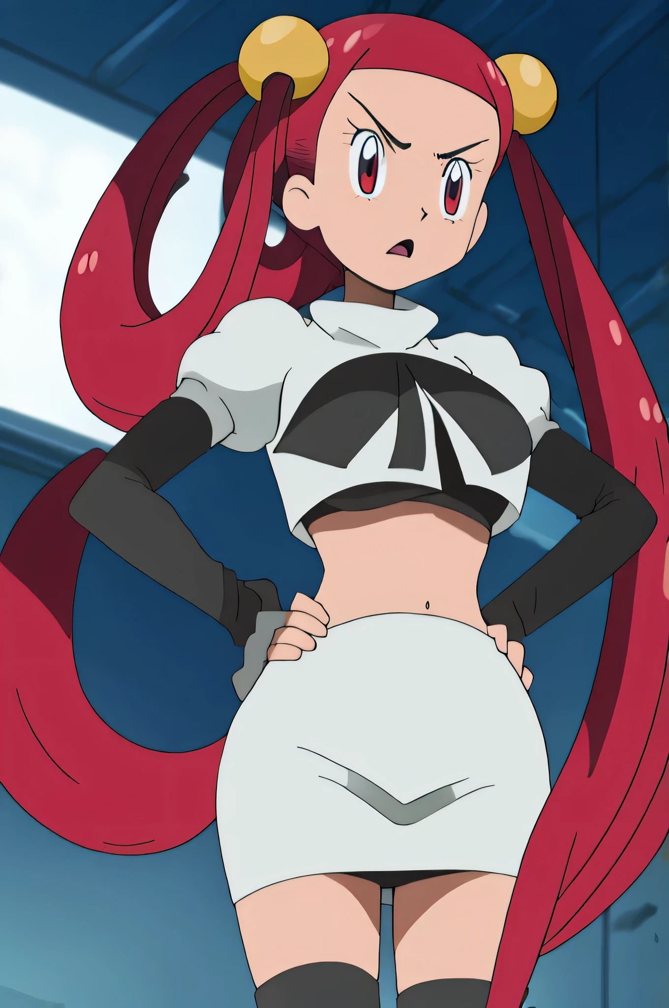 8k, anime screencap,1girl in, (Solo:1.2), (Perfect body:1.1), (Best Quality:1.1), , very large breast, hands on hip,team rocket uniform, red letter r, white skirt,white crop top,black thigh-high boots, black elbow gloves, glaring angrily, looking at viewer, hands on hips,zettai ryouiki, Mira