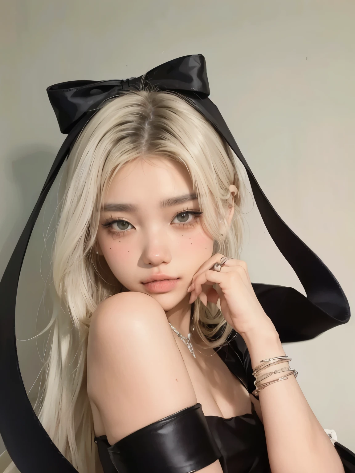 Mujer rubia con lazo negro y vestido de cuero negro posando para una foto., obra de arte al estilo de guweiz, modelo de Instagram | germen de arte, estilo anime realista 3d, retrato de jossi de blackpink, dulce conejita ultrarrealista, Tendencias en CGSTATION, retrato realista kawaii, muchacha coreana, guweiz, chica perfecta de pelo blanco, realistic art style