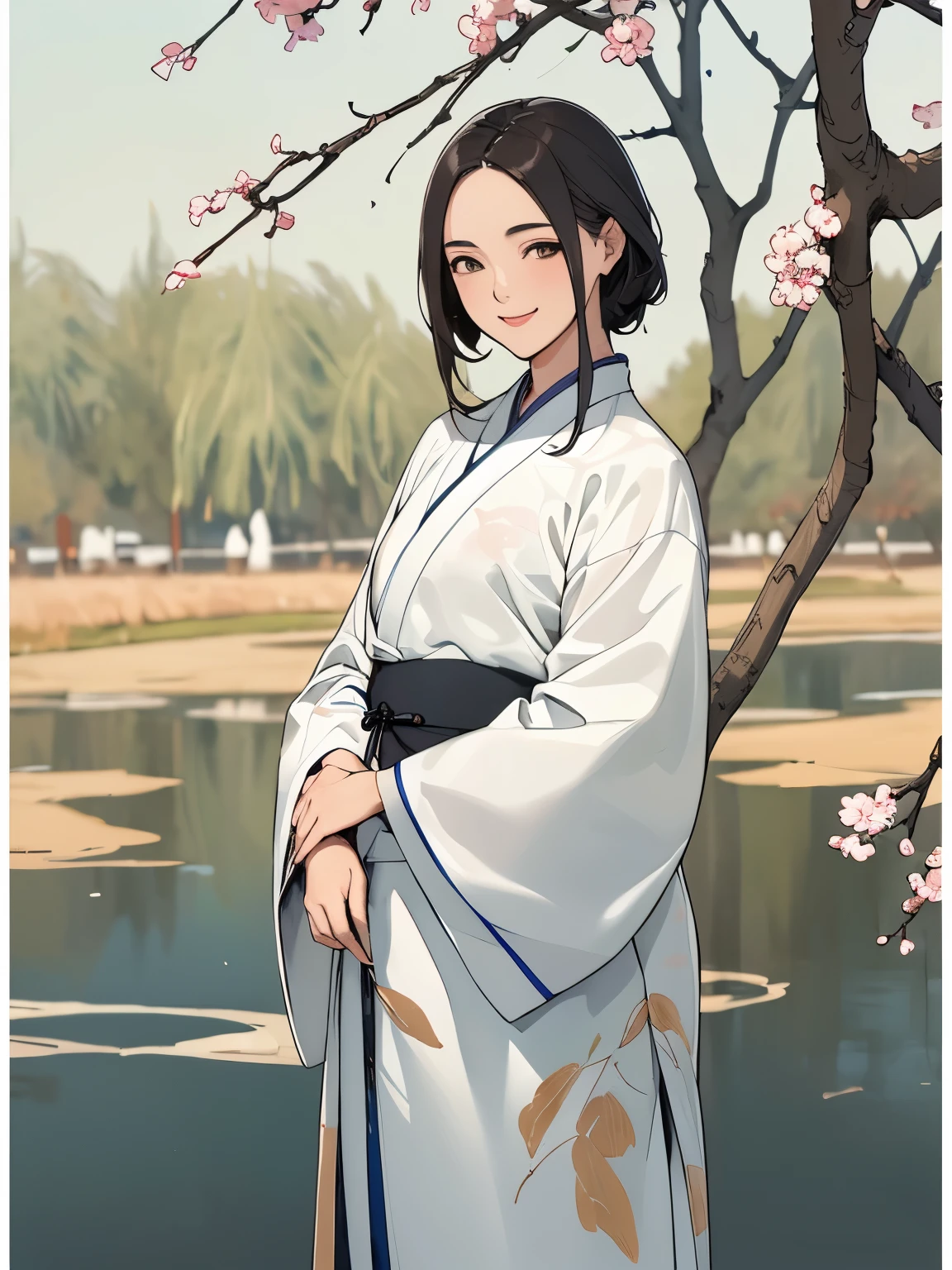 shukezouma, negative space, , Shuimobisim , standing woman portrait , willow branches, (masterpiece, highest quality:1.2), traditional chinese ink painting, model shooting style, peaceful, (smile), looking at the viewer, wearing long Hanfu, Hanfu, Song, Willow tree in the background, Wu Changshuo,