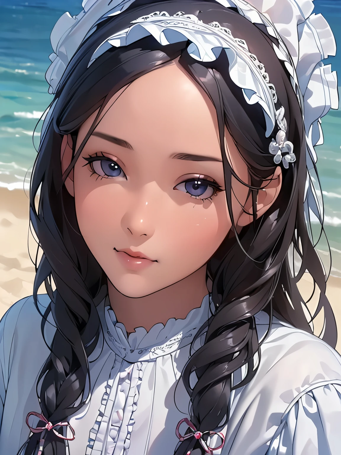 (best quality,ultra-HD,photorealistic:1.2),detailed face,black intricate fishtail braid,(detailed porcelain doll with lots of frills and ribbons delicate outfit),beach,(close-up of the face),alluring appearance,gazing at the viewer