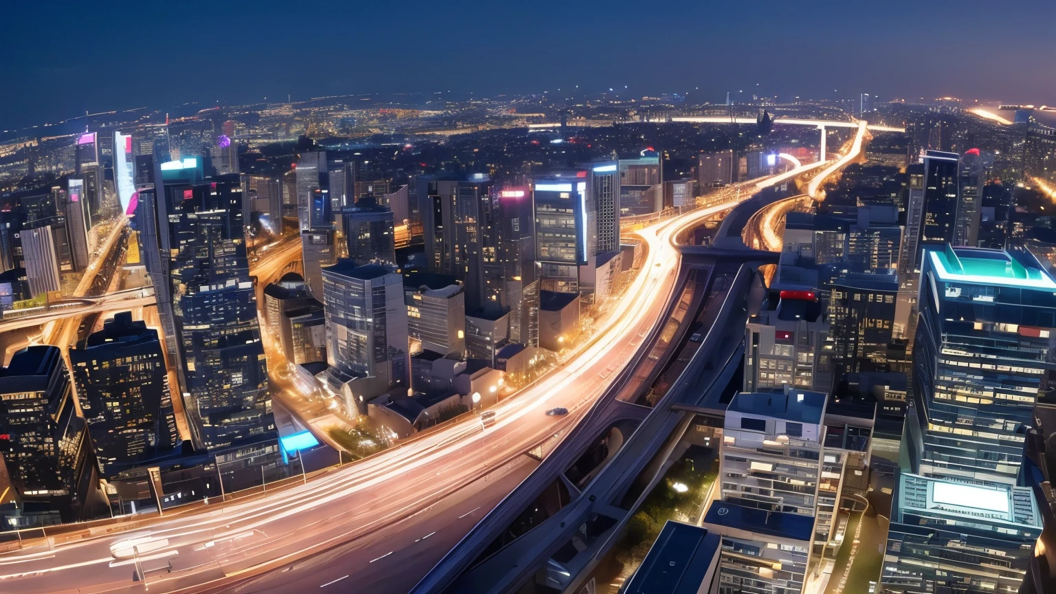 (highest quality、4k、High resolution: 1.2)、rooftop of a skyscraperの風景、heliport、panoramic view、modern、It will be、rooftop of a skyscraper、Night view below、the wind is strong、Bright colors、professional lighting、panoramic view、Spectacular view、beautiful night view、Highway。