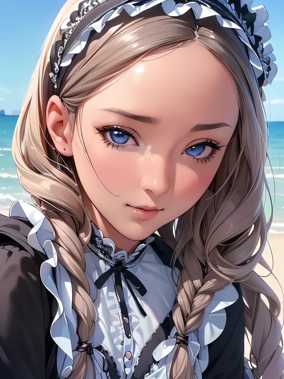 (best quality,ultra-HD,photorealistic:1.2),detailed face,black intricate fishtail braid,(detailed porcelain doll with lots of frills and ribbons delicate outfit),beach,(close-up of the face),alluring appearance,gazing at the viewer