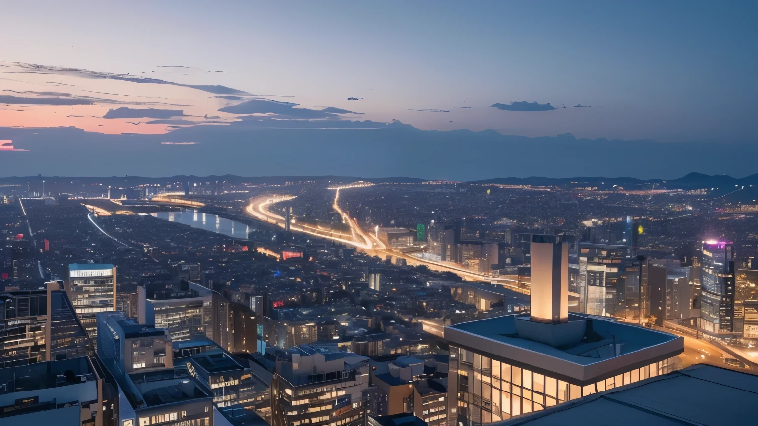 (best quality, 4k, high resolution:1.2), wide rooftop of urban buildings, spacious rooftop, suitable for live performances, background art, emergency staircase, handrails, high altitude, full shot, crescent moonlit sky, urban atmosphere, rooftop of high-rise buildings, night view below, strong wind, mysterious atmosphere, professional lighting, beautiful night view, highway.