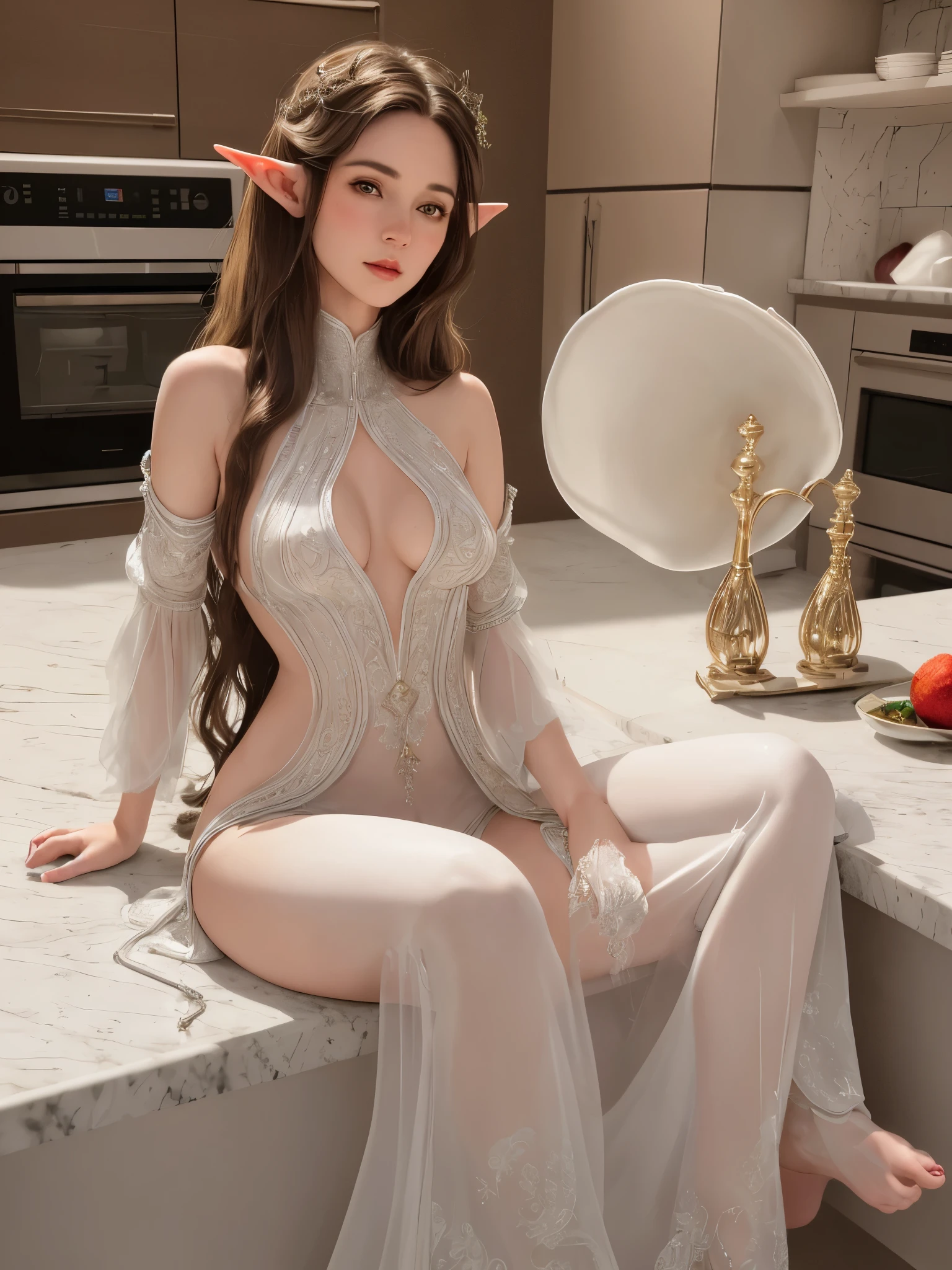 best quality,realistic,higres,masterpiece:1.2),sinuous,lovely elf woman,(extremely detailed face:1.1,beautiful detailed eyes:1.1,beautiful detailed lips:1.1),ankle length straight hair,small perky breasts,small butt,(wispy clothing,flowing garment),in an immaculately clean kitchen,preparing an intricate meal，(elven ears:1.1),(enchanted kitchen utensils:1.1),(shimmering aura:1.1),vivid colors,soft lighting