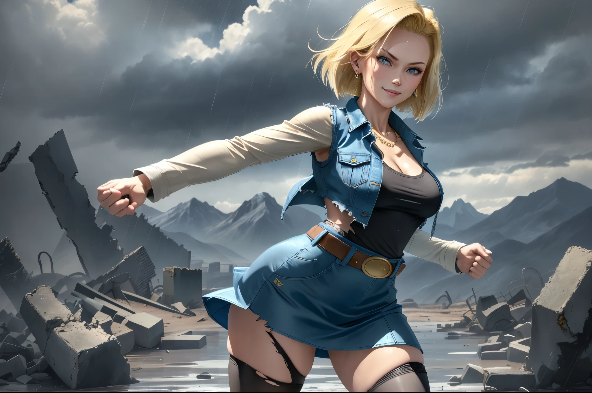 best quality, highres, and18, 1girl, android 18, solo girl, 1girl, blonde hair, blue eyes, belt, tight blue demin skirt, gold_necklace, closed fists, black shirt, short hair, long sleeves, earrings, open vest, denim vest, medium breasts, cowboy shot, mountains, straight-on, (weather: raining and windy), wet body, sexy smile, combat stance, full length pantyhose, battle ruins, wide hips, thick legs, torn clothes,