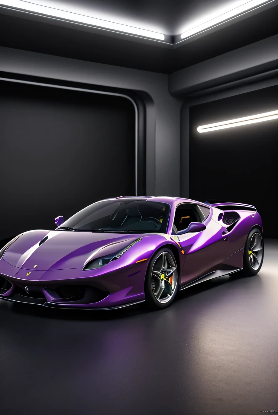 raw, Photorealistic:1.4, ultrafuturistic purple ferrari Perfect framing, zoomout, depth of fields, Art Station, (luminism), (((Cinematic lighting))), Soft light, [Summer weather: Sunset Weather:2.5] 4K resolution, Octane Render